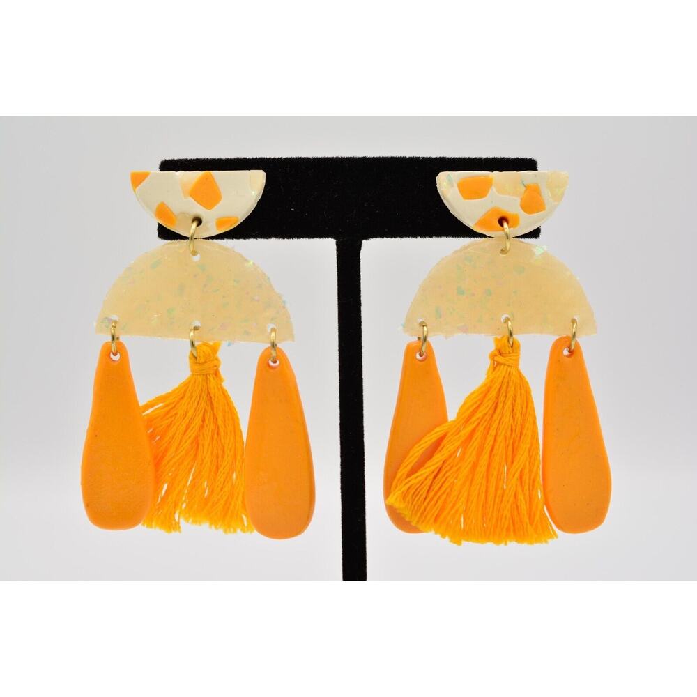 Funky Boho Statement Earrings Dangle Tassel Thread Yellow Opal Big Lucite Summer